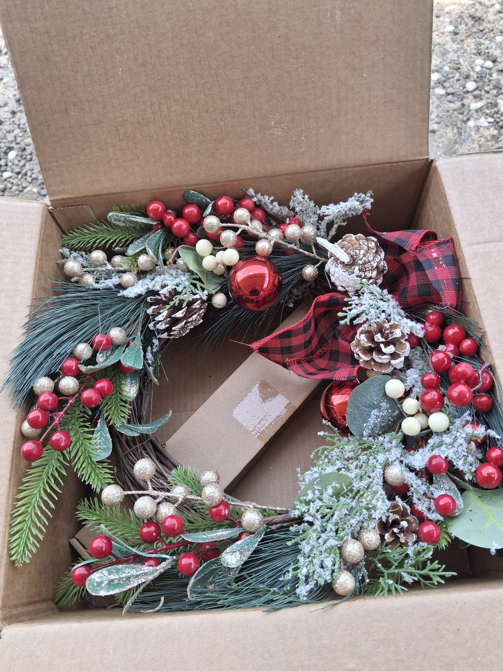 Fine Casa Festive Red & Green 12" Holiday Wreath with Plaid Bow